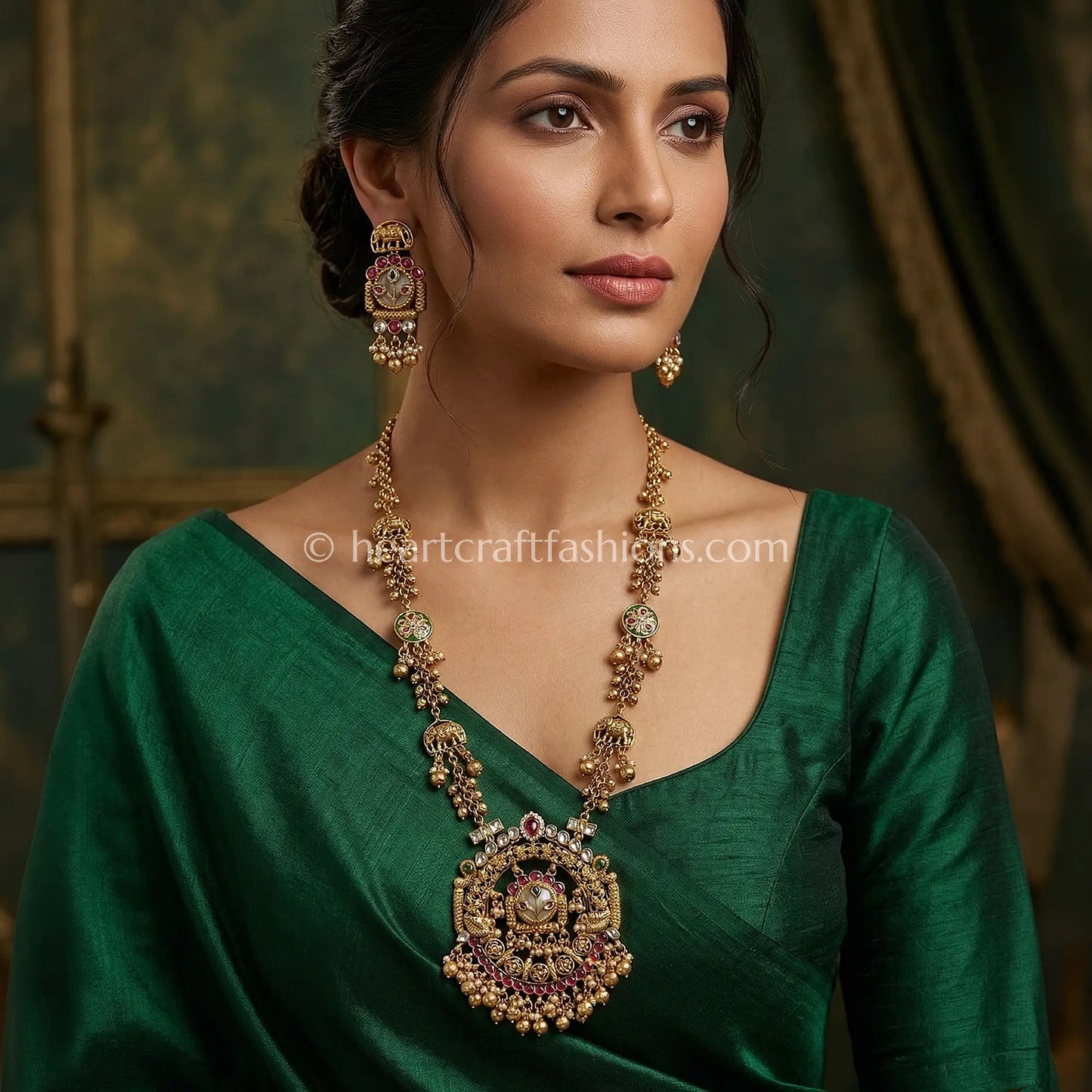 Heritage Elephant Motif Pachi Kundan Long Necklace