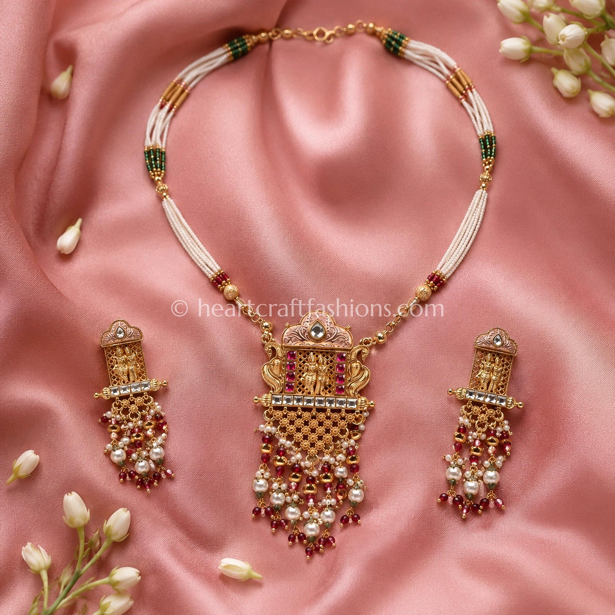Heritage Radha Krishna Shield Pendant Multi-Strand Pearl Set