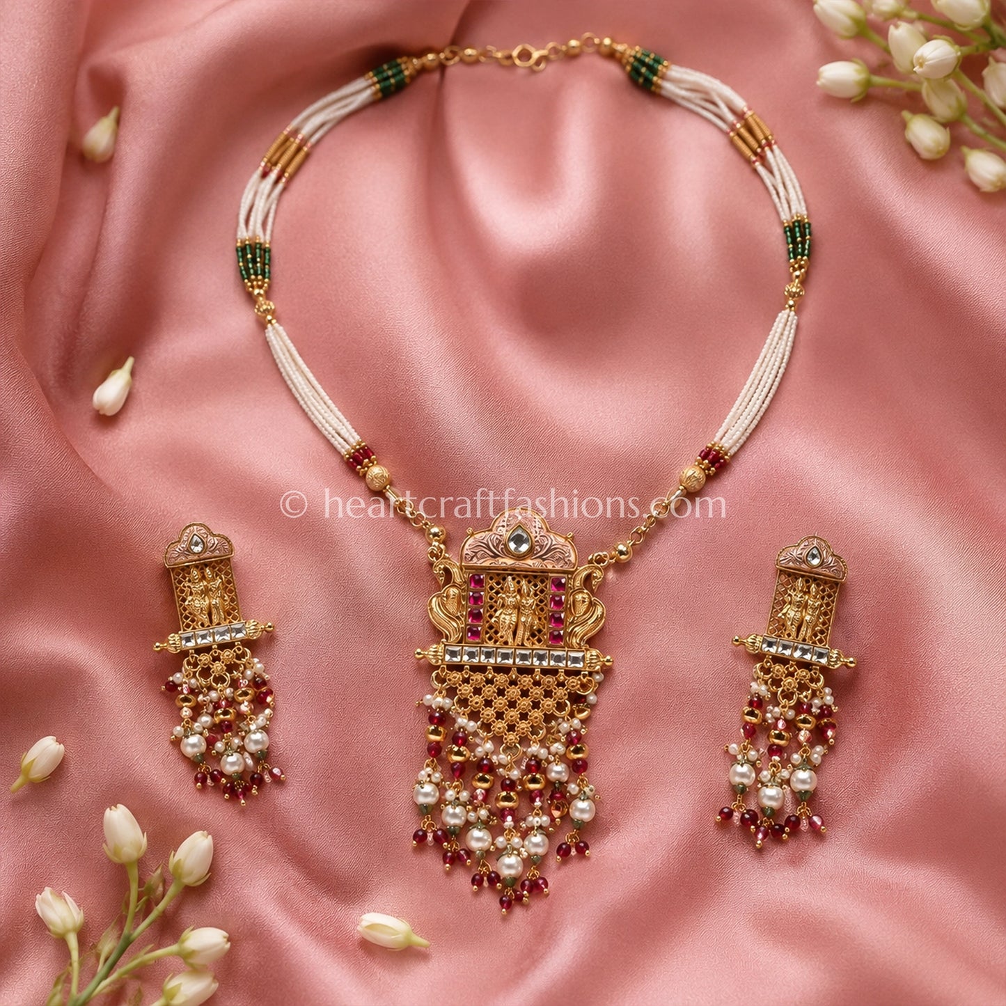 Heritage Radha Krishna Shield Pendant Multi-Strand Pearl Set