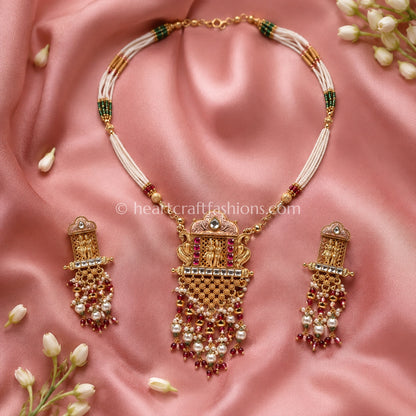Heritage Radha Krishna Shield Pendant Multi-Strand Pearl Set