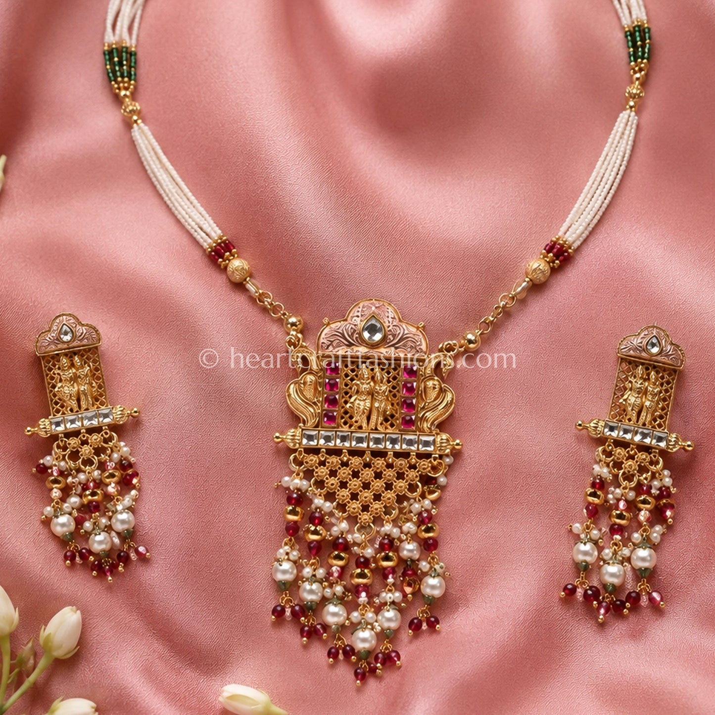 Heritage Radha Krishna Shield Pendant Multi-Strand Pearl Set