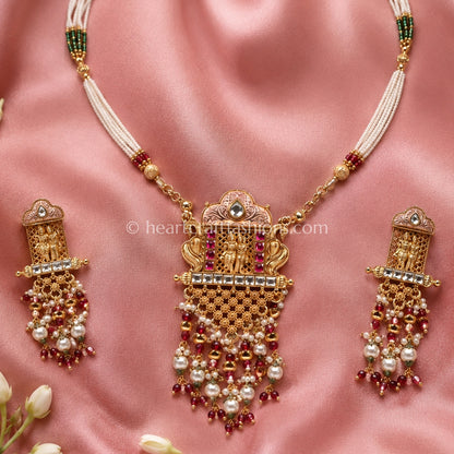Heritage Radha Krishna Shield Pendant Multi-Strand Pearl Set