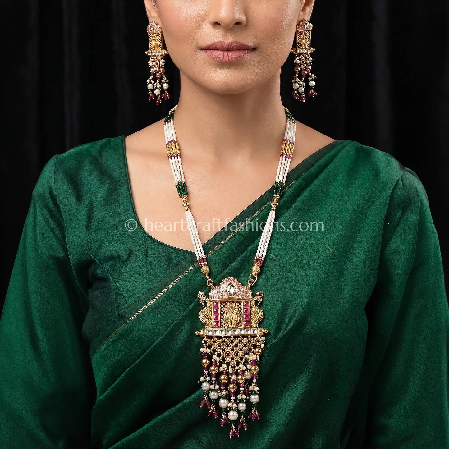 Heritage Radha Krishna Shield Pendant Multi-Strand Pearl Set
