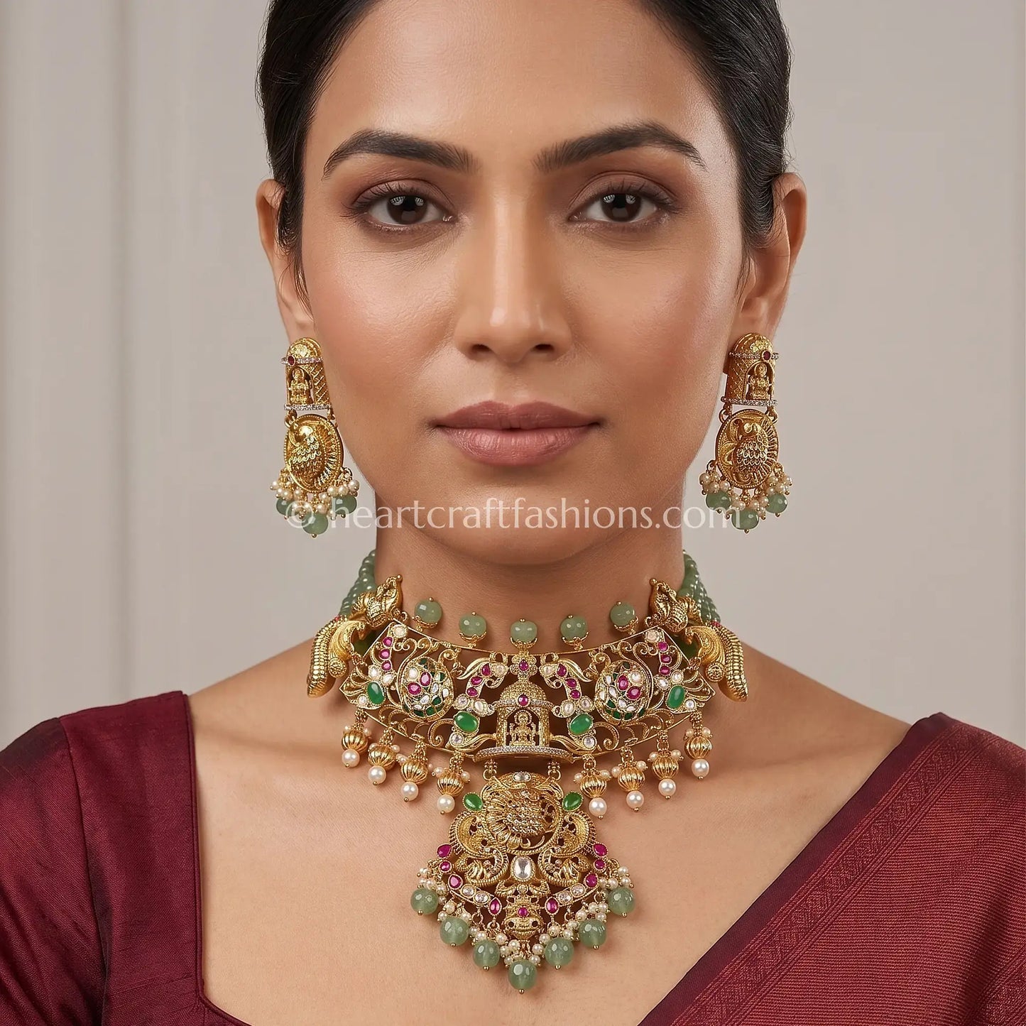 Heritage Temple Watermelon Stone Antique Gold Choker Set