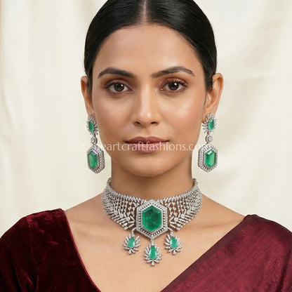 Hexagonal Emerald Royal Zircon Choker Set