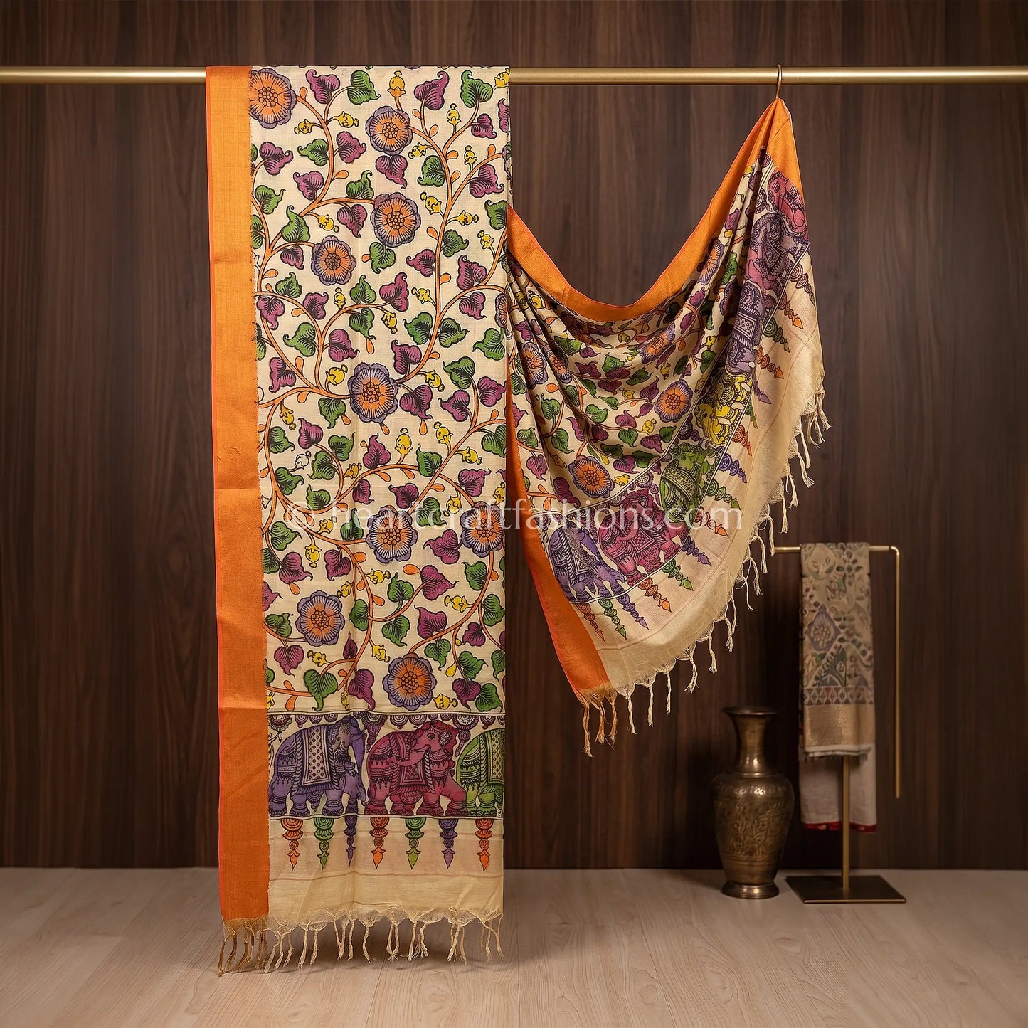 Ivory Beige Kalamkari Hand Painted Bangalore Silk Floral Elephant Border Dupatta