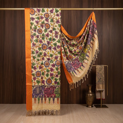 Ivory Beige Kalamkari Hand Painted Bangalore Silk Floral Elephant Border Dupatta