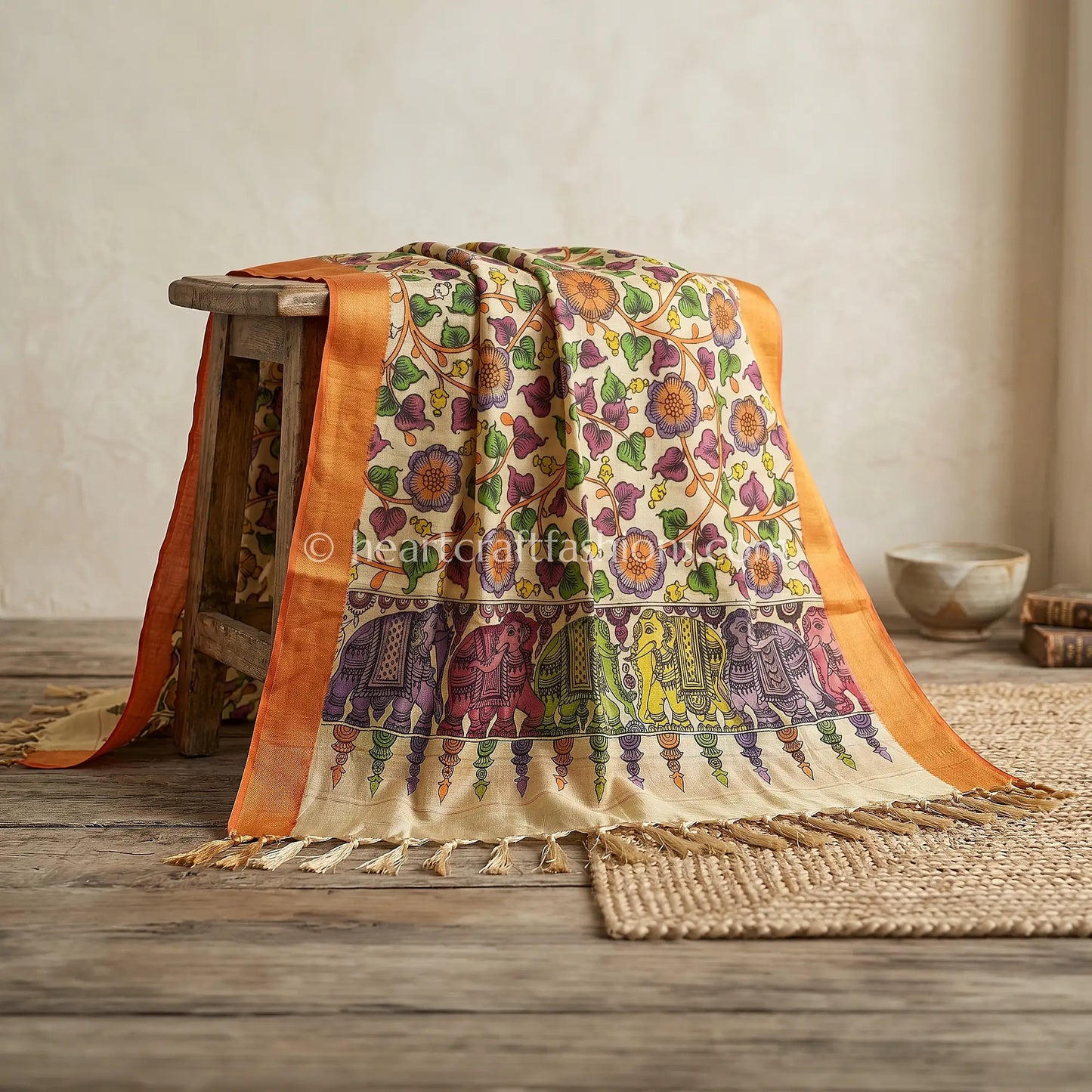 Ivory Beige Kalamkari Hand Painted Bangalore Silk Floral Elephant Border Dupatta