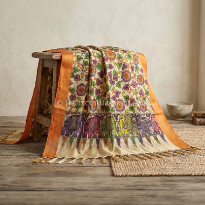 Ivory Beige Kalamkari Hand Painted Bangalore Silk Floral Elephant Border Dupatta