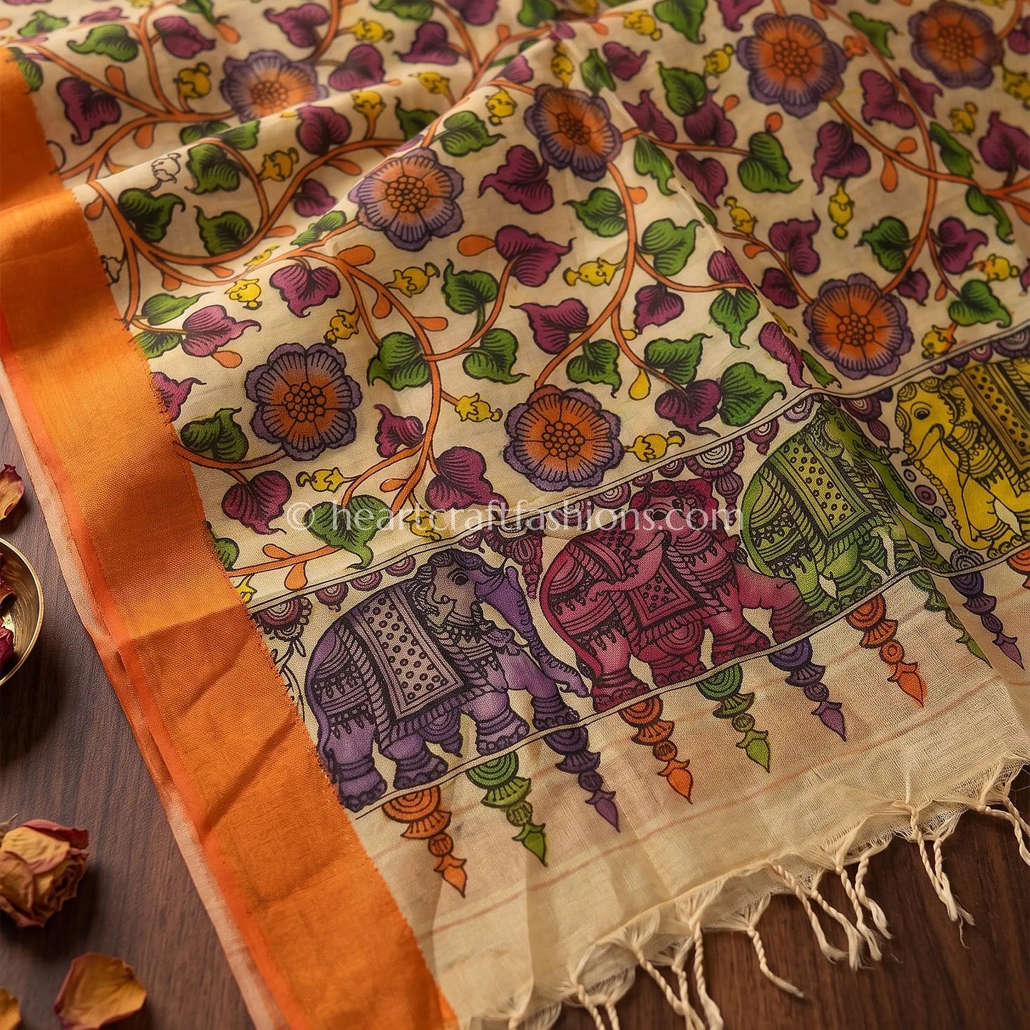 Ivory Beige Kalamkari Hand Painted Bangalore Silk Floral Elephant Border Dupatta