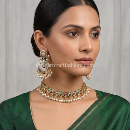 Jadau Pearl Fringe Choker Set