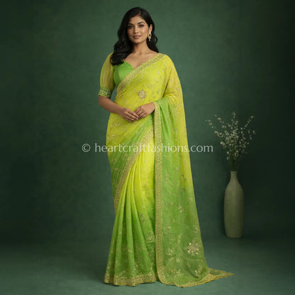Lime Zest Ombre Kora Silk Pita Handwork Saree