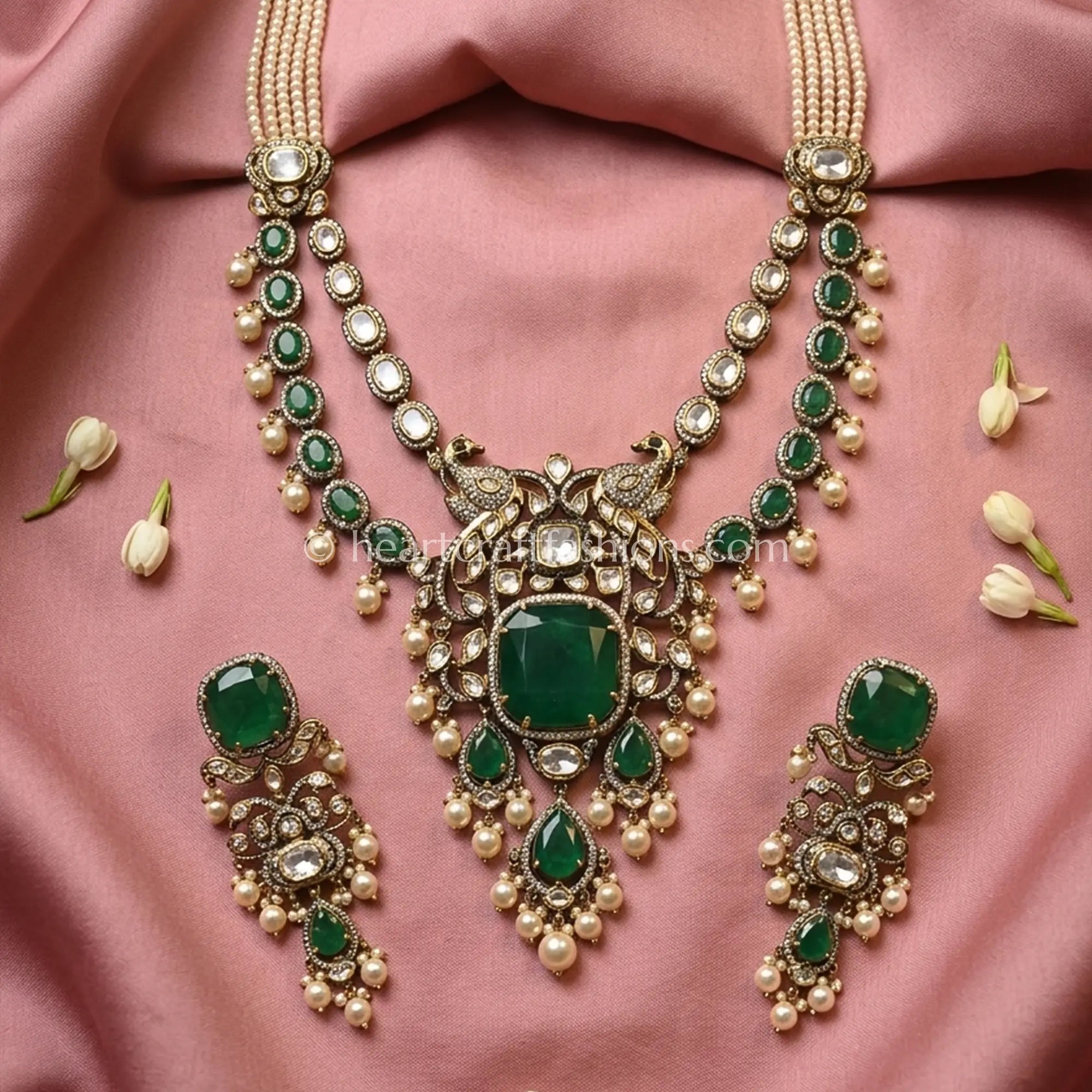Majestic Sunehri Kundan Green Doublet Peacock Statement Necklace