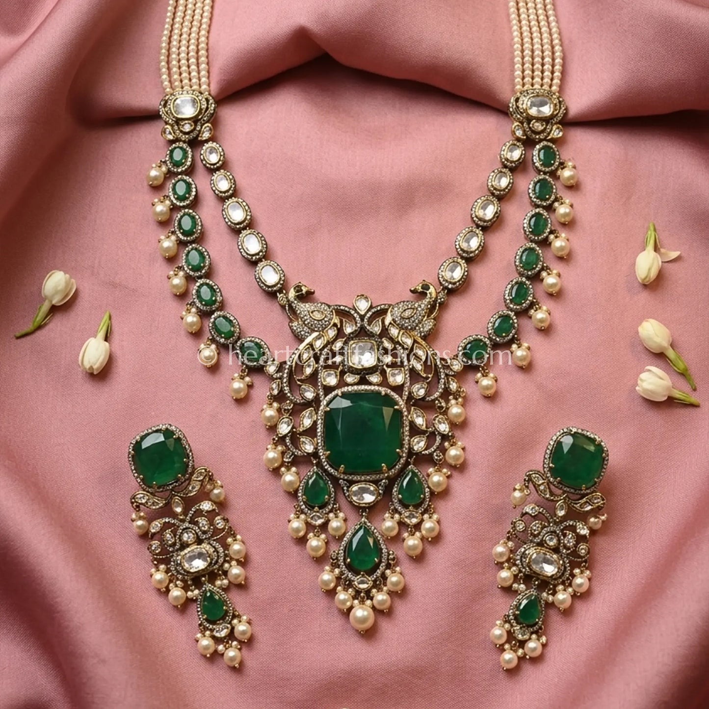 Majestic Sunehri Kundan Green Doublet Peacock Statement Necklace