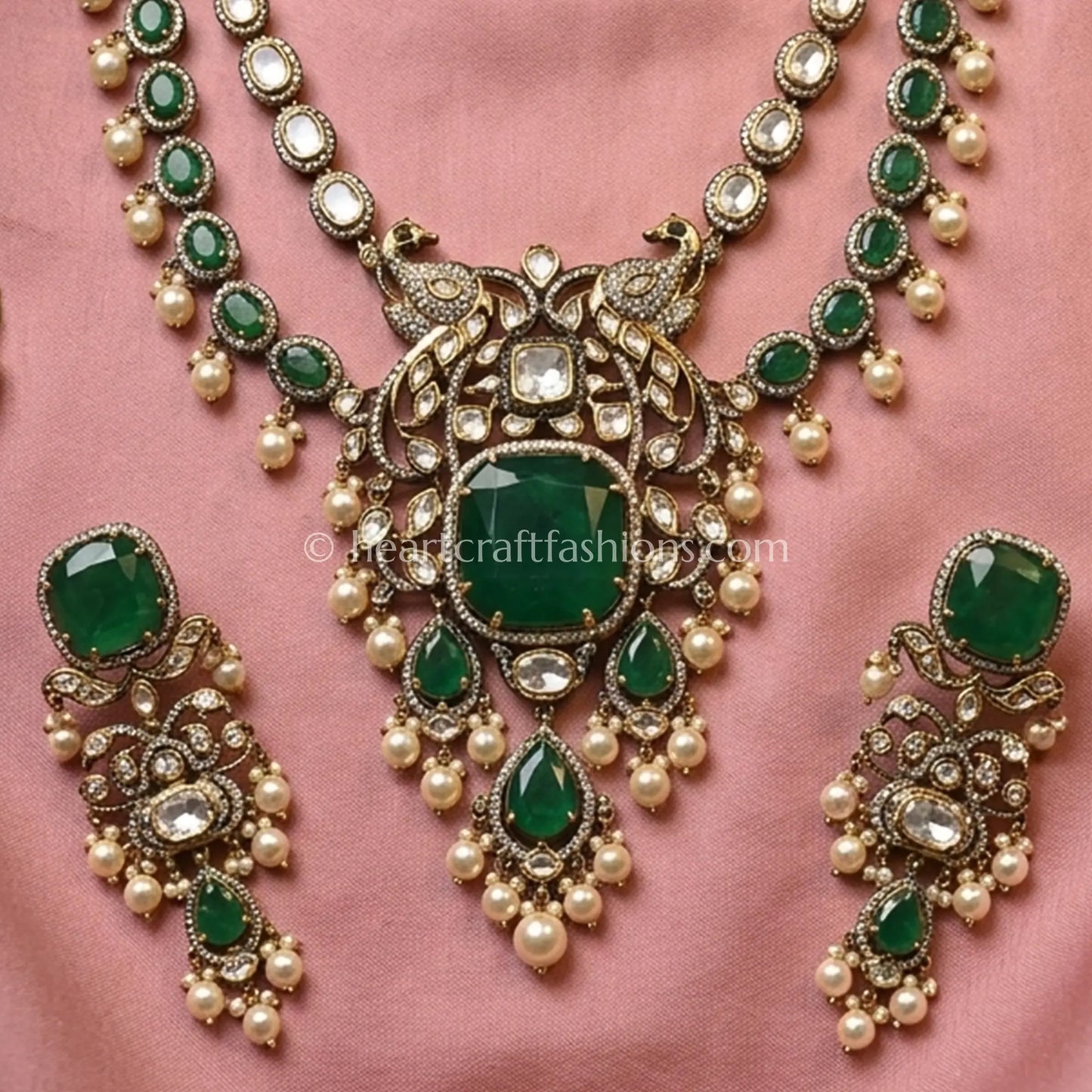 Majestic Sunehri Kundan Green Doublet Peacock Statement Necklace