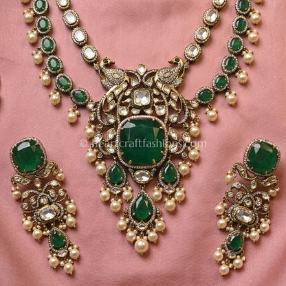 Majestic Sunehri Kundan Green Doublet Peacock Statement Necklace