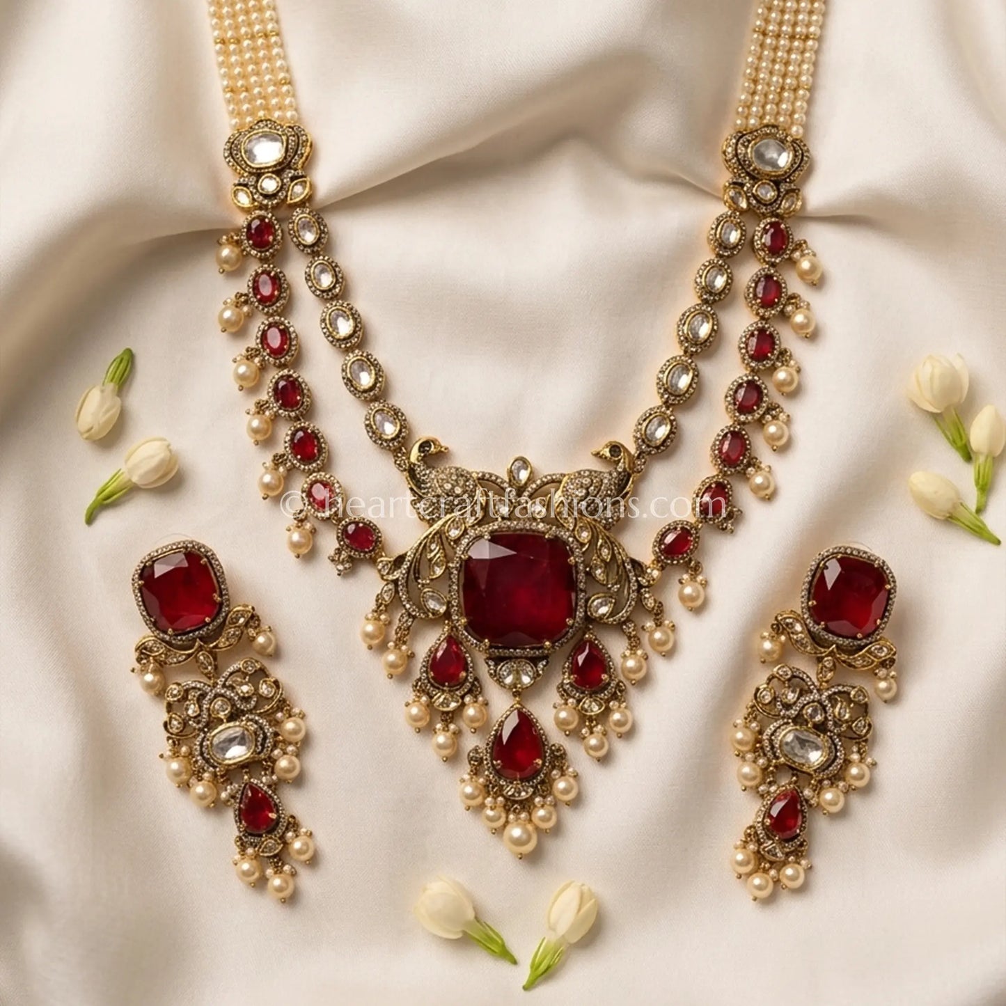 Majestic Sunehri Kundan Ruby Red Doublet Peacock Statement Necklace Set