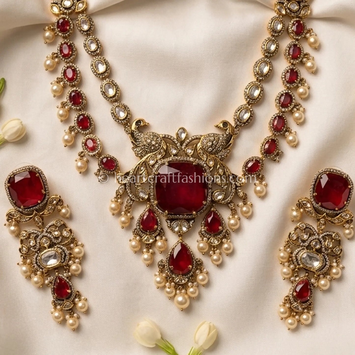 Majestic Sunehri Kundan Ruby Red Doublet Peacock Statement Necklace Set