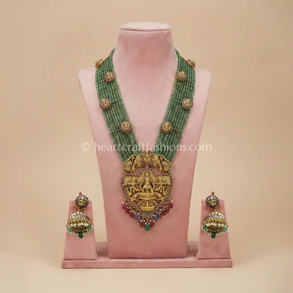 Mahalakshmi Temple Green Bead Haar Set