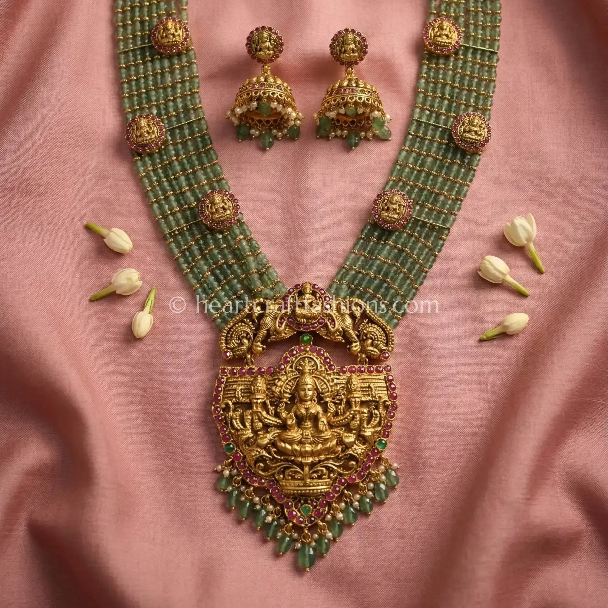 Mahalakshmi Temple Green Bead Haar Set