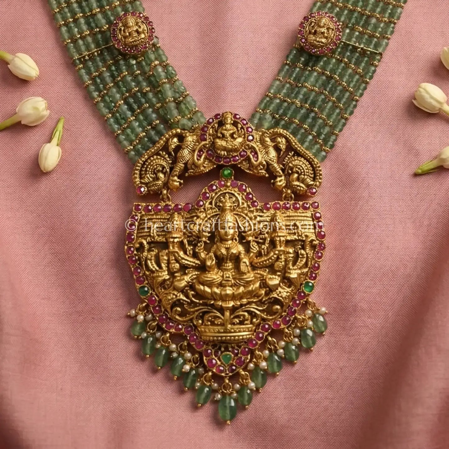 Mahalakshmi Temple Green Bead Haar Set