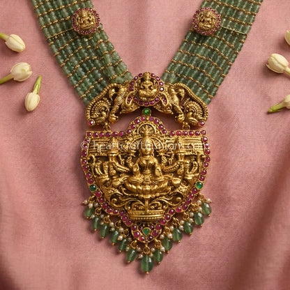 Mahalakshmi Temple Green Bead Haar Set