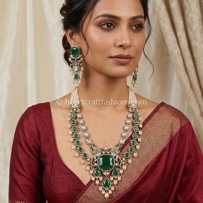 Majestic Sunehri Kundan Green Doublet Peacock Statement Necklace