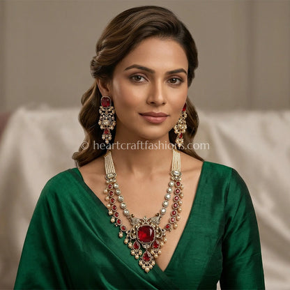 Majestic Sunehri Kundan Ruby Red Doublet Peacock Statement Necklace Set