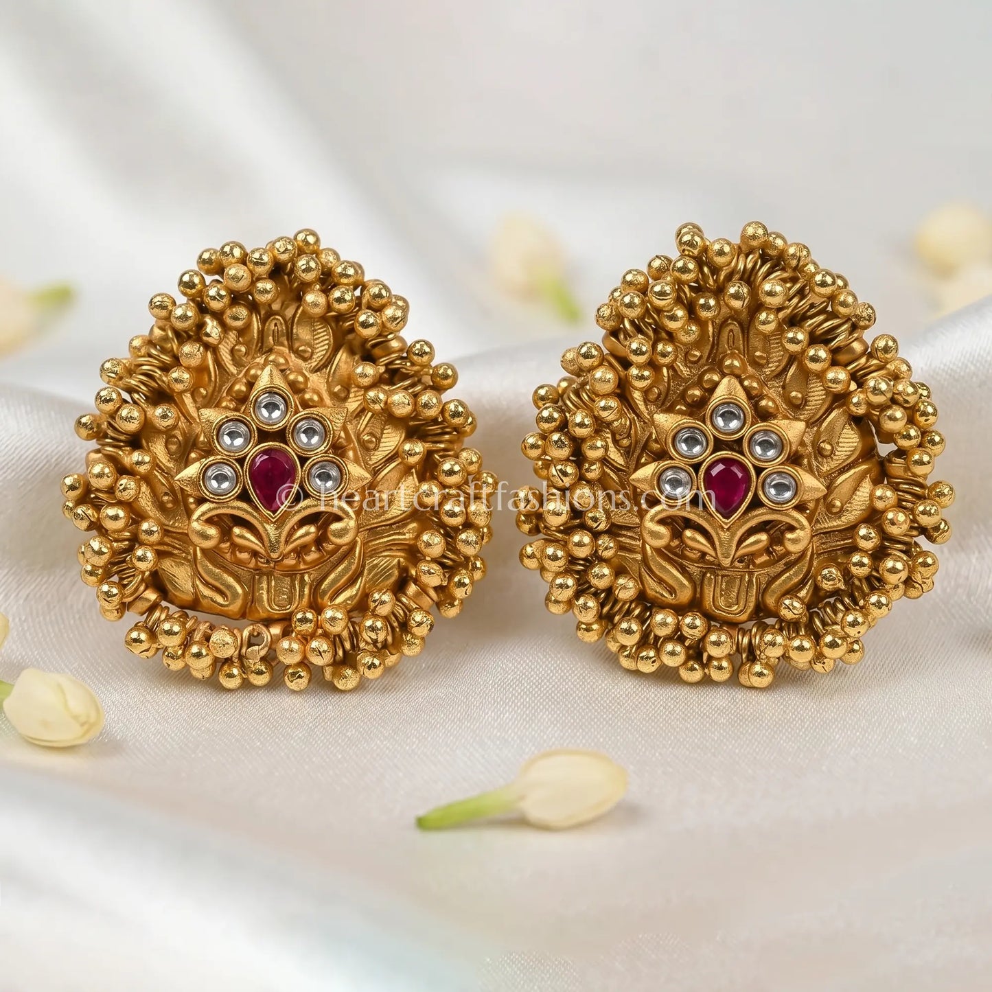 Mayurika Temple Peacock Stud Earrings – Ruby White Stone