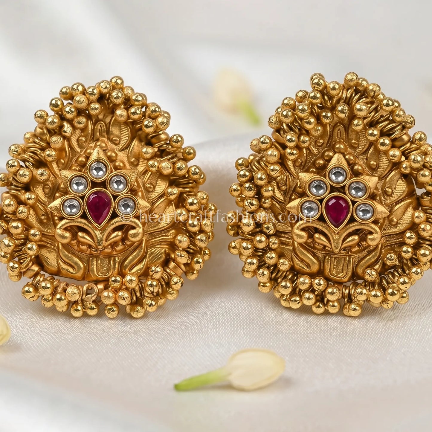 Mayurika Temple Peacock Stud Earrings – Ruby White Stone