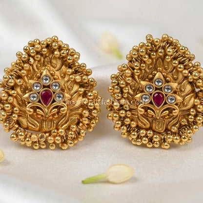 Mayurika Temple Peacock Stud Earrings – Ruby White Stone