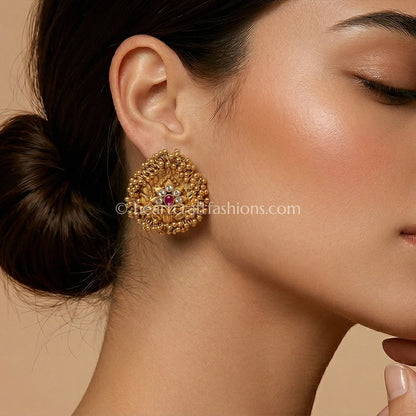 Mayurika Temple Peacock Stud Earrings – Ruby White Stone