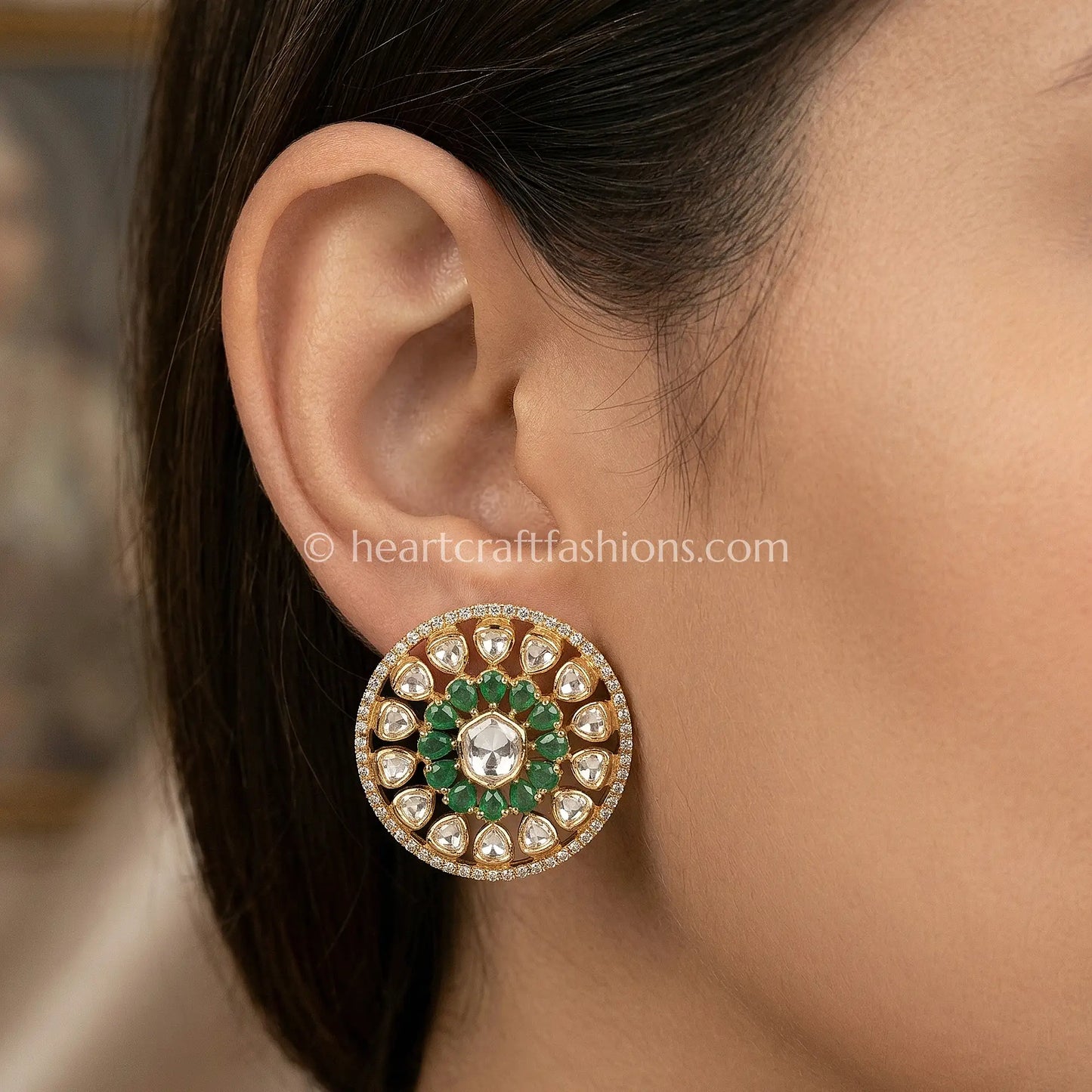 Meher Emerald Moissanite Polki Stud Earrings