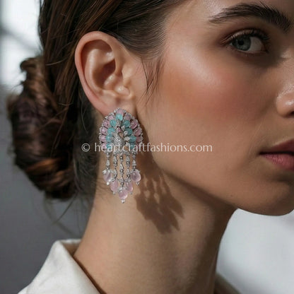 Meher Zircon Floral Drop Earrings – Pastel Pink & Aqua