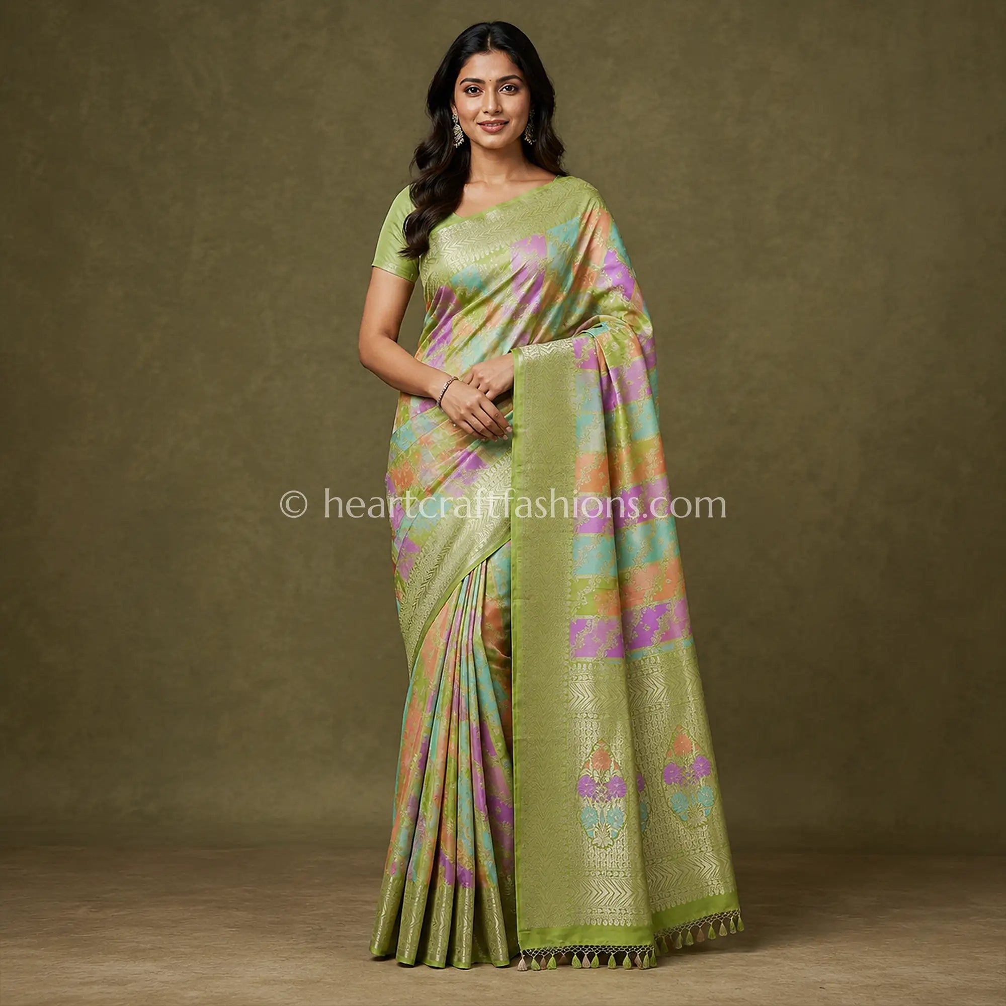 Mehndi Green Pastel Rangkart Pure Katan Banarasi Saree