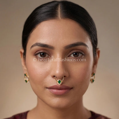 Minimal Emerald Teardrop Pachi Kundan Ring Nath