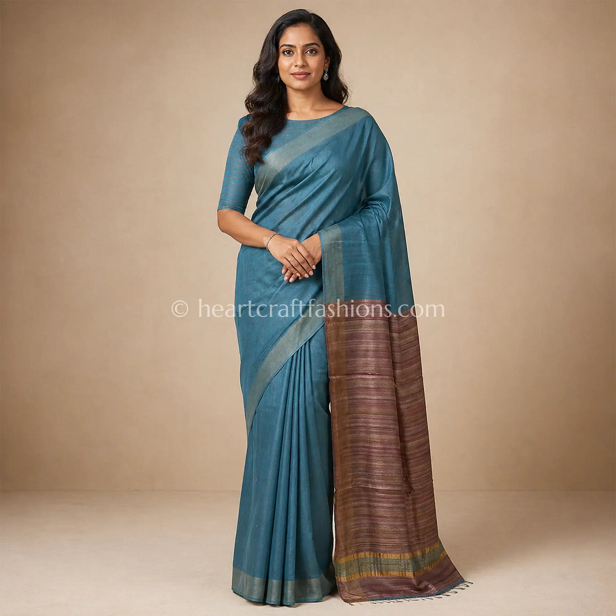 Misty Greyish Blue Half Tusser Half Silk Saree