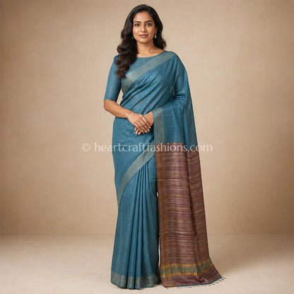 Misty Greyish Blue Half Tusser Half Silk Saree