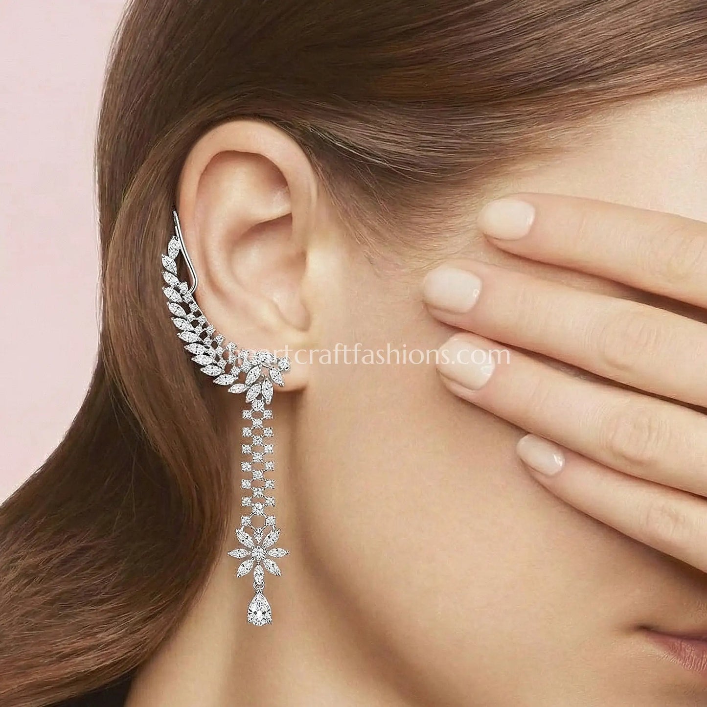Moonlit Feather Drop Zircon Ear Cuff – Crystal White