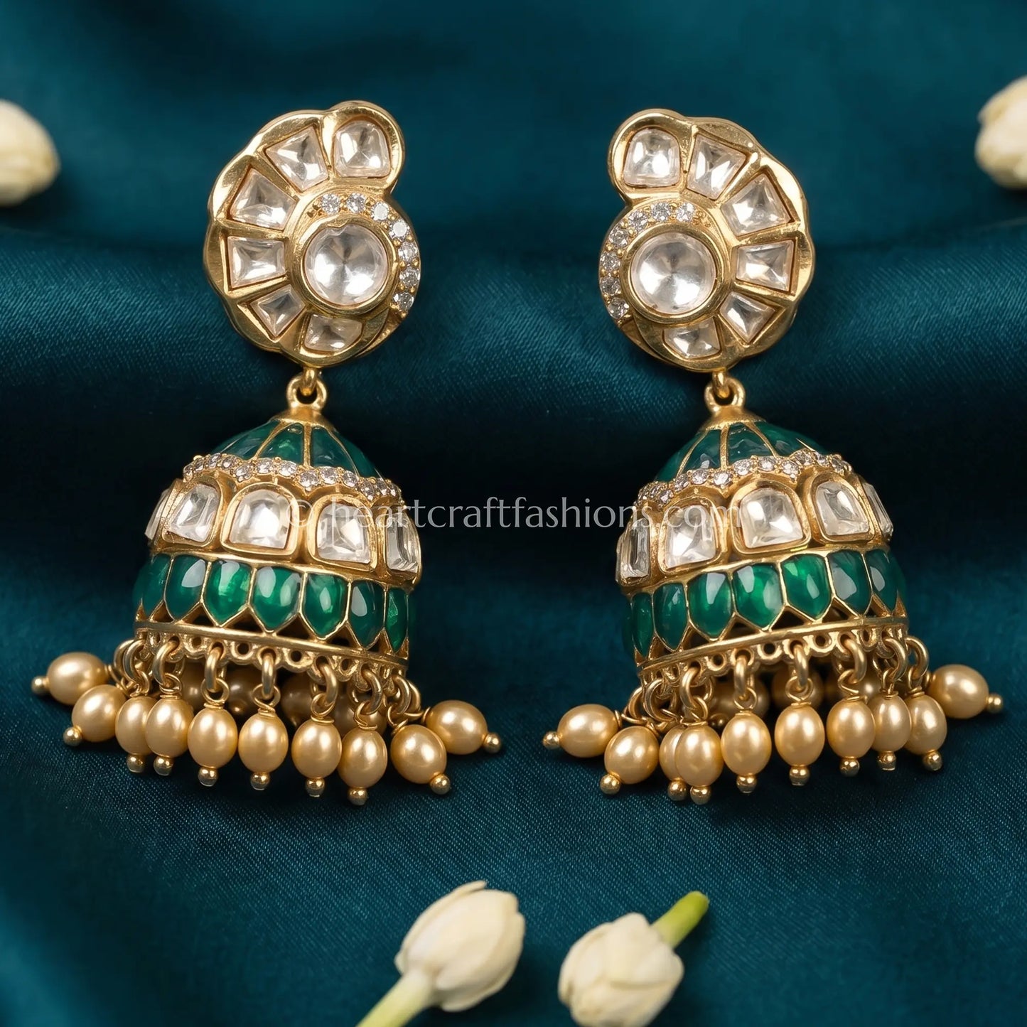 Morni Emerald Sunehri Kundan Jhumka Earrings