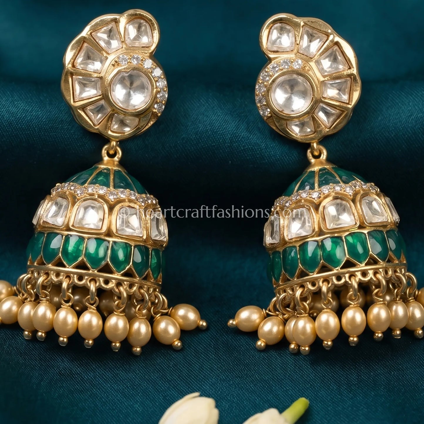 Morni Emerald Sunehri Kundan Jhumka Earrings