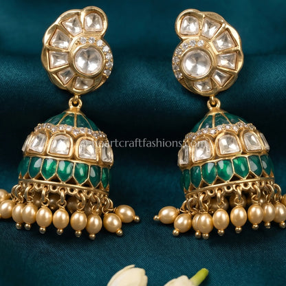 Morni Emerald Sunehri Kundan Jhumka Earrings