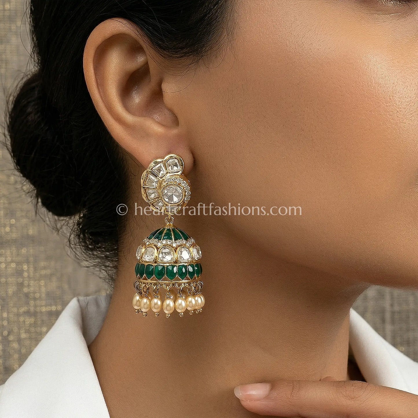 Morni Emerald Sunehri Kundan Jhumka Earrings
