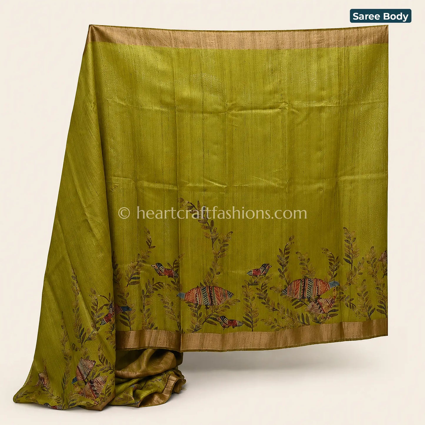 Mustard Green Minimal Bird Pattern Bangalore Silk Saree