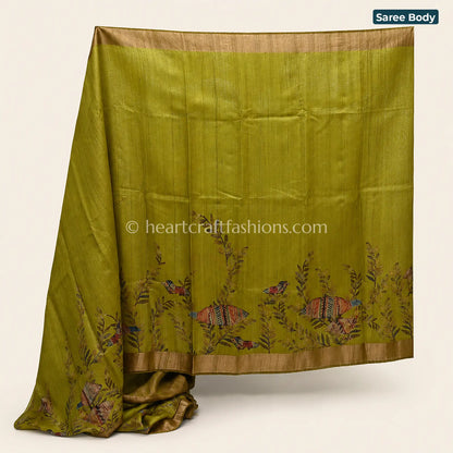 Mustard Green Minimal Bird Pattern Bangalore Silk Saree