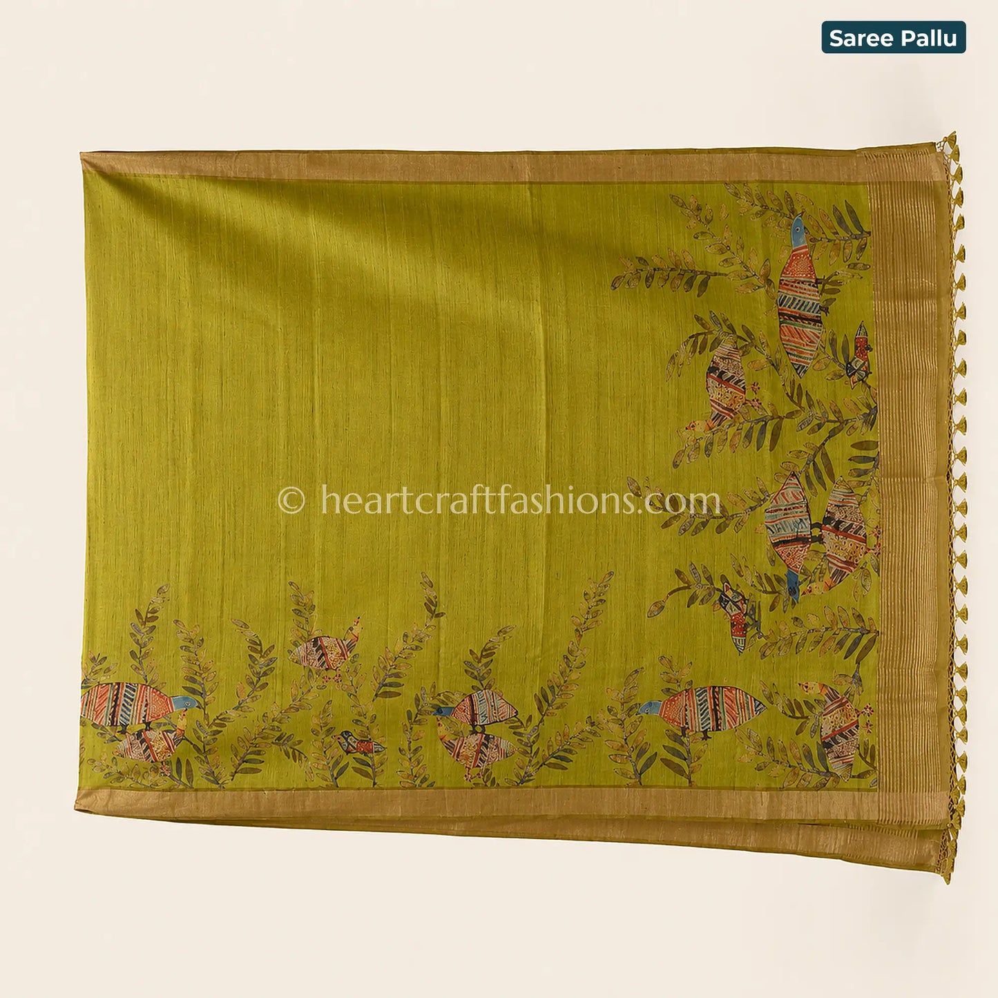 Mustard Green Minimal Bird Pattern Bangalore Silk Saree
