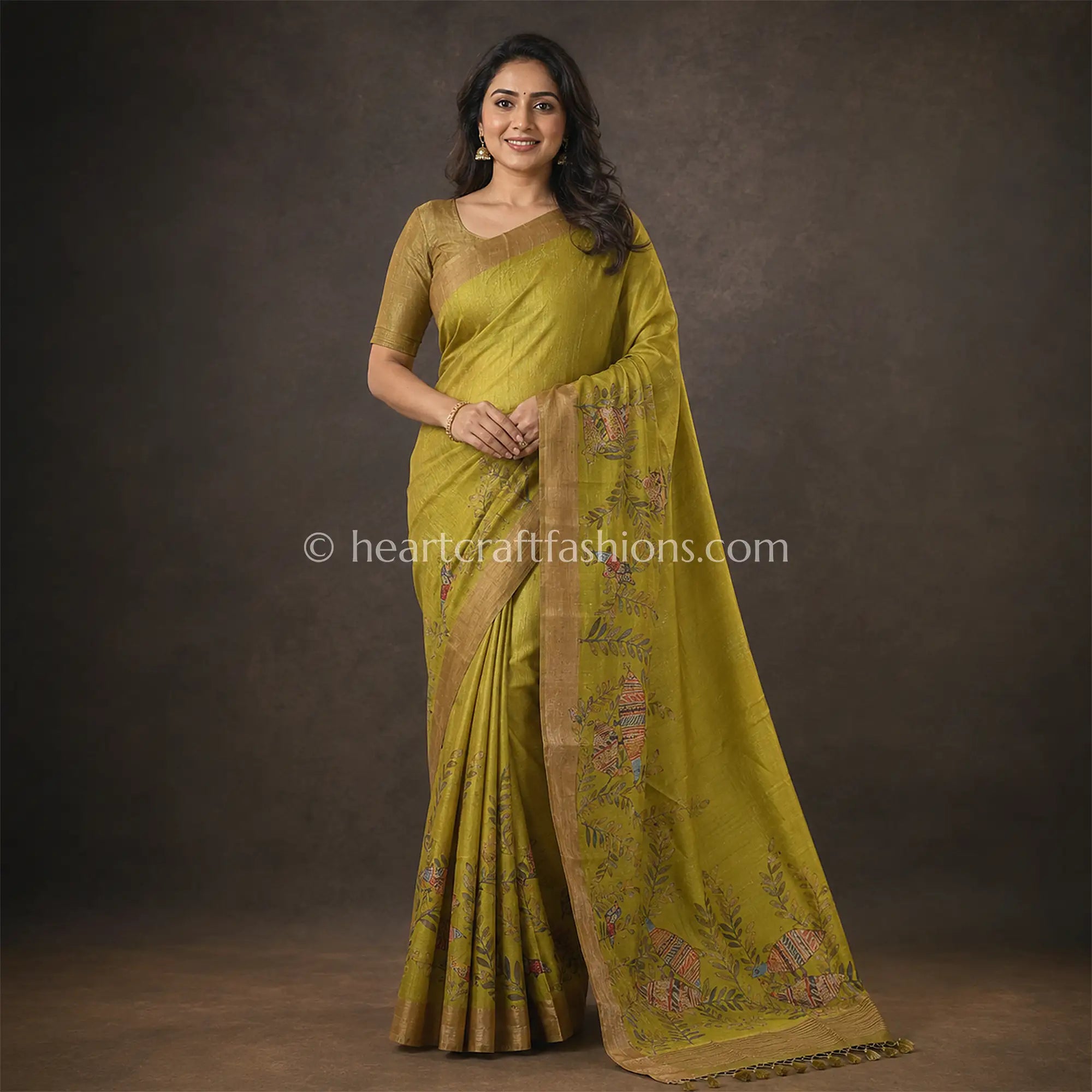 Mustard Green Minimal Bird Pattern Tusser Silk Saree
