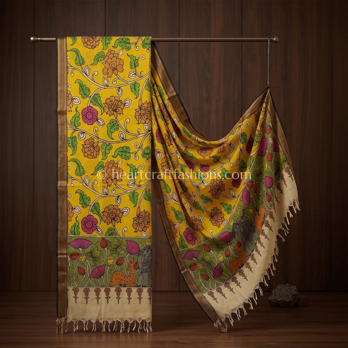 Mustard Yellow Kalamkari Hand Painted Bangalore Silk Floral Creeper Dupatta