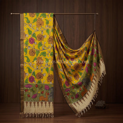 Mustard Yellow Kalamkari Hand Painted Bangalore Silk Floral Creeper Dupatta