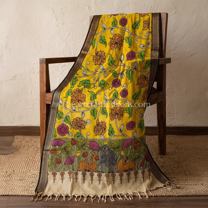 Mustard Yellow Kalamkari Hand Painted Bangalore Silk Floral Creeper Dupatta